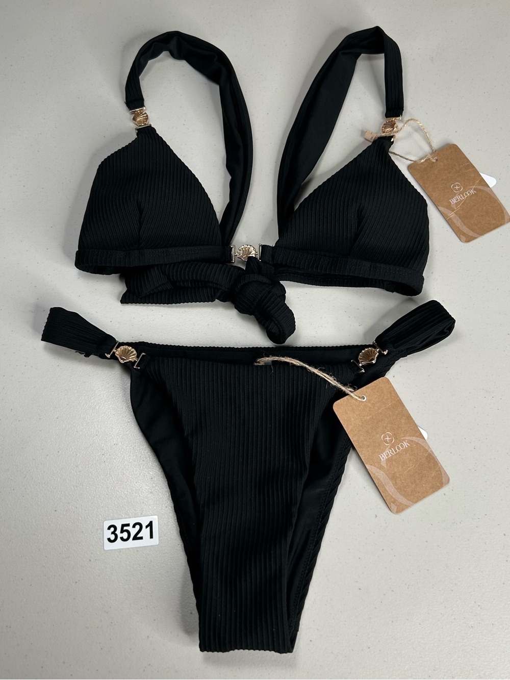 Berlook Bikini Set XS Black Gold Accented Ribbed New